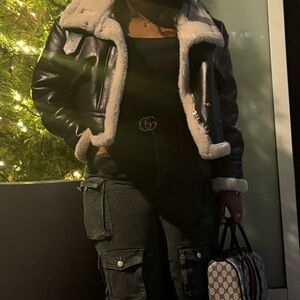 NWT Zara Black Faux Leather Cream Fleece Collar Jacket Blogger Fave XL